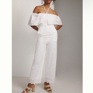 Anthropologie Maeve Athena White Eyelet Off Shoulder Scallop Jumpsuit 0
